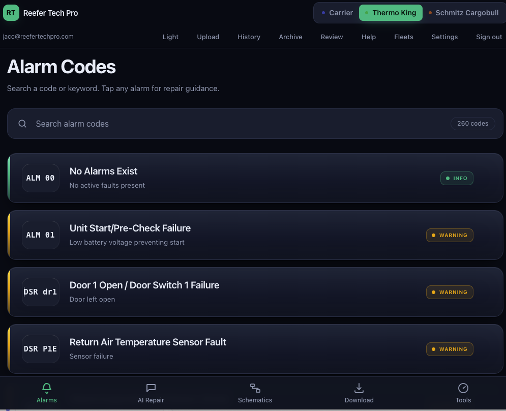 Alarm code lookup listing 260+ codes with severity levels